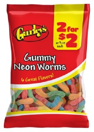GURLEY'S 2/$2 GUMMY NEON WORMS 2.5OZ