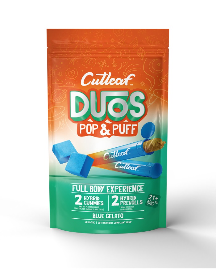 CUTLEAF DUOS POP&PUFF -BLUE GELATO** TWO PREROLLS + TWO GUMMIES **
