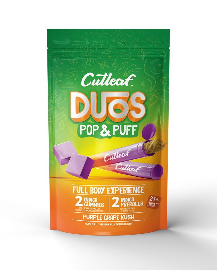 CUTLEAF DUOS POP&PUFF -PURPLE GRAPE KUSH** TWO PREROLLS + TWO GUMMIES **