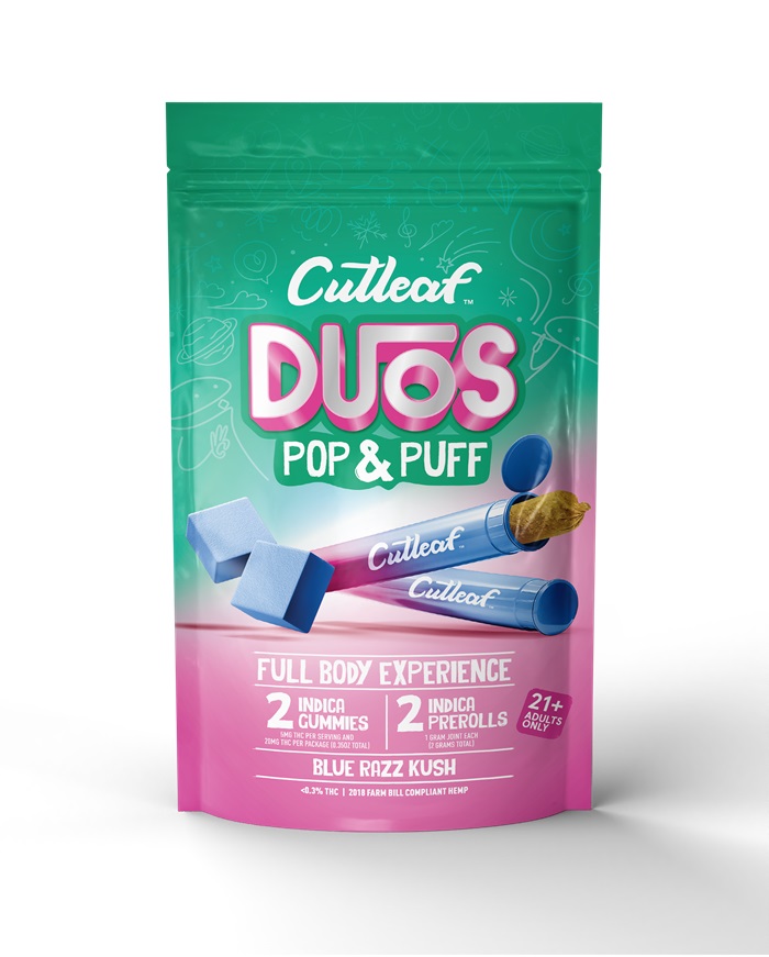 CUTLEAF DUOS POP&PUFF -BLUE RAZZ KUSH** TWO PREROLLS + TWO GUMMIES **