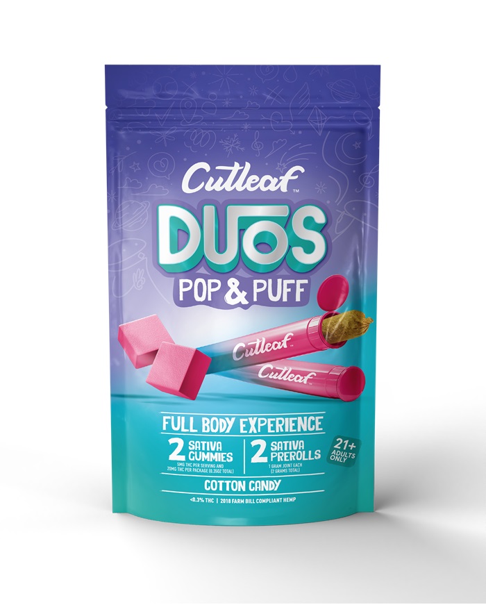 CUTLEAF DUOS POP&PUFF -COTTON CANDY** TWO PREROLLS + TWO GUMMIES **