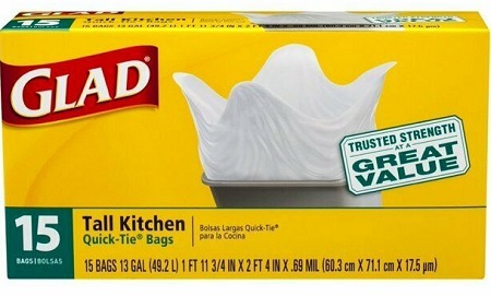 GLAD TALL KITCHEN QUICK TIE BAGS 13GAL 12/15CT