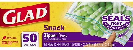 GLAD ZIPPER SNACK BAGS 12/50CT