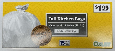 OXLEY KITCHEN BAG 13GAL 15CT(PRE-PRICE $1.99)