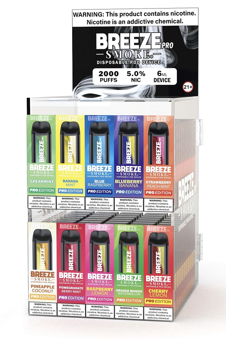 BREEZE PRO 2000 - PREFILLED ACRYLIC DISPLAY VERSION #3**10 FLAVORS - 10 UNITS EACH - 100 UNITS TOTAL - 1 DISPLAY LIMIT**