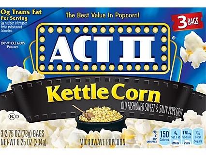 ACT II POPCORN KETTLE CORN 3CT (8.25OZ)**AVAILABLE BY SPECIAL ORDER AND EMAIL ONLY, ALLOW 21 DAYS LEADTIME**