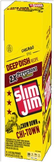 SLIM JIM 2X CHICAGO DEEP DISH 3OZ**AVAILABLE BY SPECIAL ORDER AND EMAIL ONLY, ALLOW 21 DAYS LEADTIME