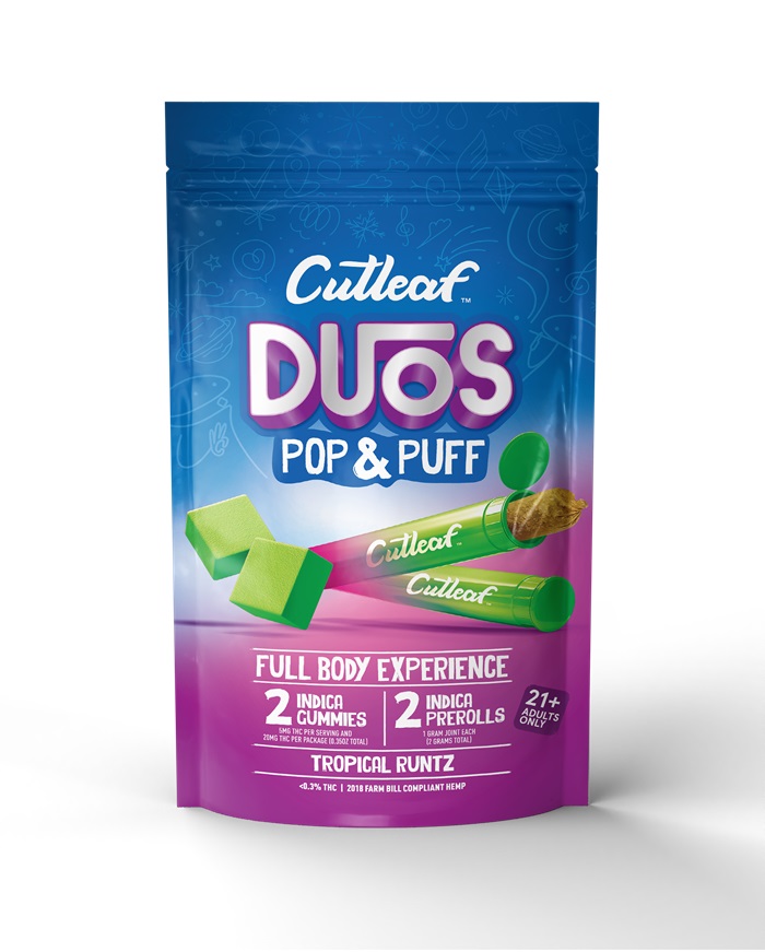 CUTLEAF DUOS POP&PUFF -TROPICAL RUNTZ** TWO PREROLLS + TWO GUMMIES **