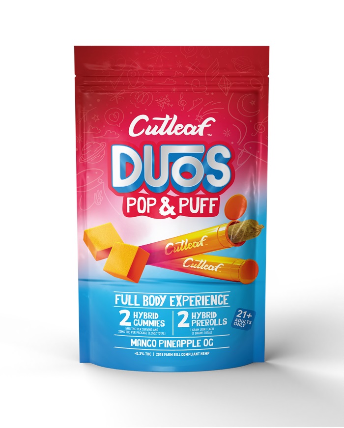 CUTLEAF DUOS POP&PUFF -MANGO PINE OG** TWO PREROLLS + TWO GUMMIES **