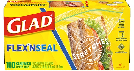 GLAD ZIPPER FLEX N SEAL SANDWICH BAGS4/100CT