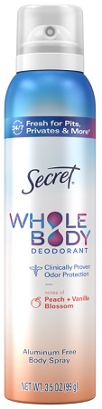 SECRET WHOLE BODY SPRAY PEACH & VANILLA 3.5OZ**AVAILABLE BY SPECIAL ORDER AND EMAIL ONLY, ALLOW 21 DAYS LEADTIME