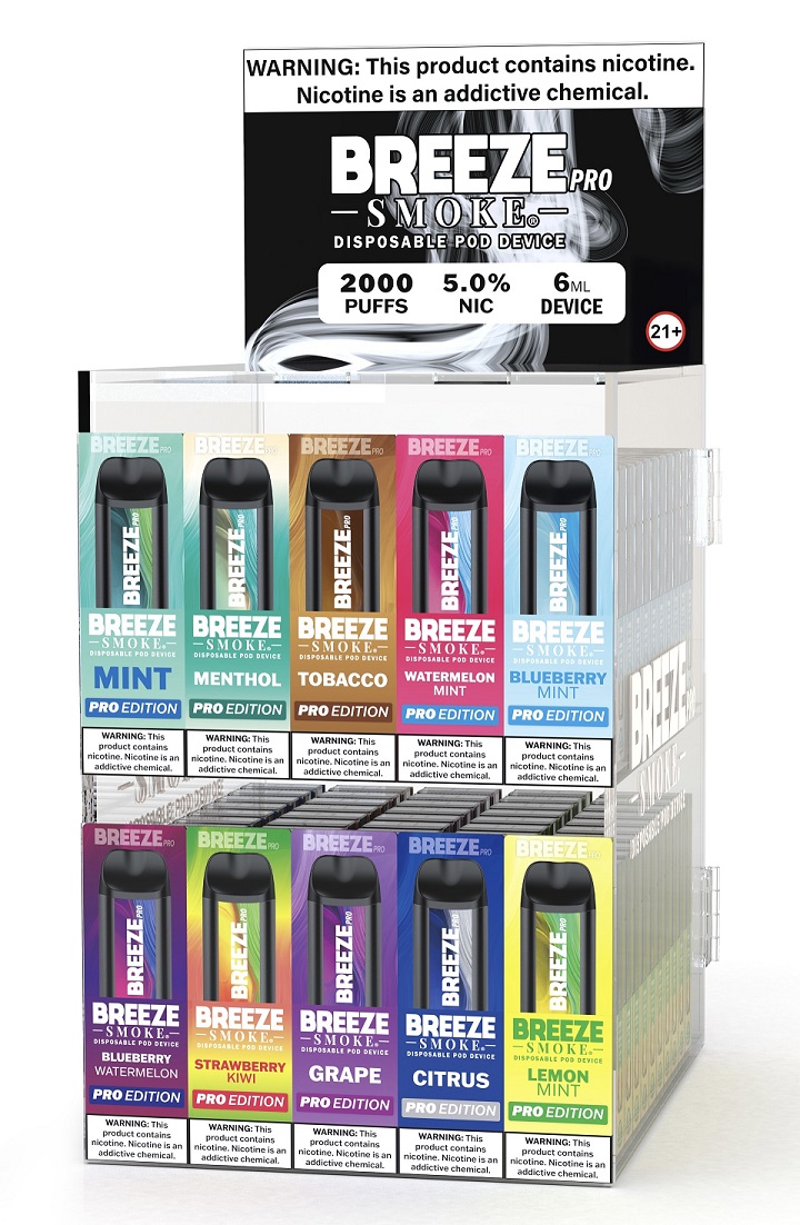 BREEZE PRO 2000 - PREFILLED ACRYLIC DISPLAY VERSION #4**10 FLAVORS - 10 UNITS EACH - 100 UNITS TOTAL - 1 DISPLAY LIMIT**